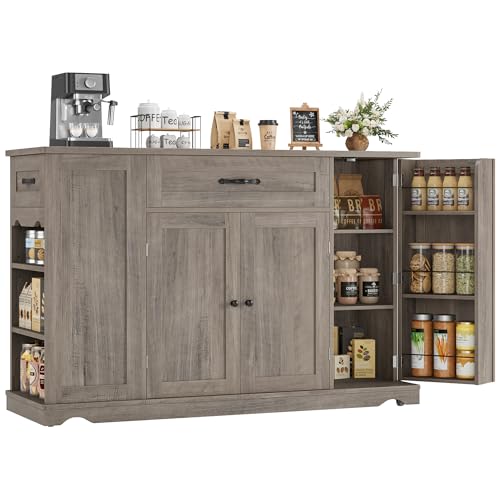 HOSTACK Kitchen Island Cart with Storage, 47'' Kitchen Storage Island on Wheels with 2 Drawers, Rolling Island Table with Adjustable Shelves, Mobile Buffet Sideboard Cabinet for Dining Room, Ash Gray