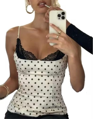 Barbotimer Women Lace Trim Satin Cami Top Y2K Polka Dot Spaghetti Strap Backless Hook Back Corset Crop Tops Silk Going Out Tops (White S)