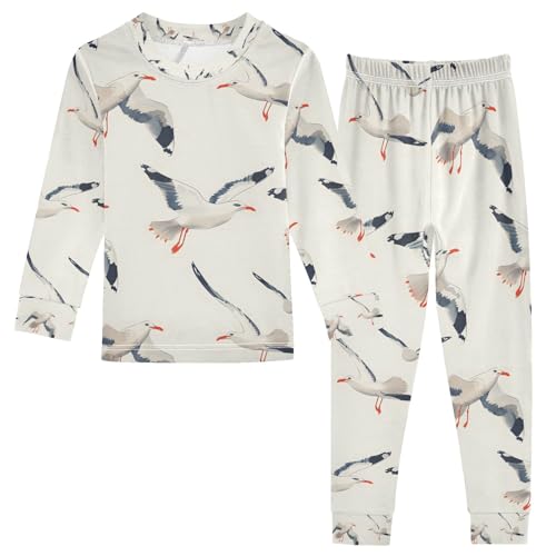 senya Seagull White Pajamas Set Long Sleeve Soft Cotton Sleepwear 2 Piece