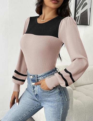 Image of Zeagoo Womens Sweaters Long Sleeve Bodysuits 2026 Fall Crewneck Puff Knit Pullover Tops