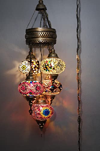 Asylove 5 Globe Turkish Pendant Ligting, Mosaic Turkish Moroccan Hanging Lamp, Ceiling Decorative Dining Lamp, 3 Feet Height 7 inch Globes (HotMix)