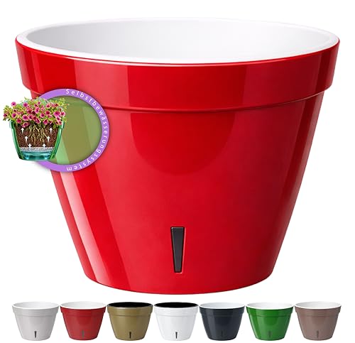 Santino ASTI Maceta de Riego Automático con Indicador de Nivel de Agua, Redonda, para Plantas, Flores, Hierbas (Ø 18 cm, Altura 14 cm, 2,5 L, Rojo/Blanco)