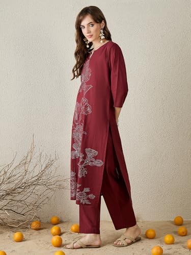 Image of INDO ERA Women's Pure Cotton Straight Embroidered Kurta with Pant | Women Kurta Set | Ethnic Wear for Women | Daily Office Casual Traditional Outfit,IESTR12241XXL | Cord Set For Women Cotton |