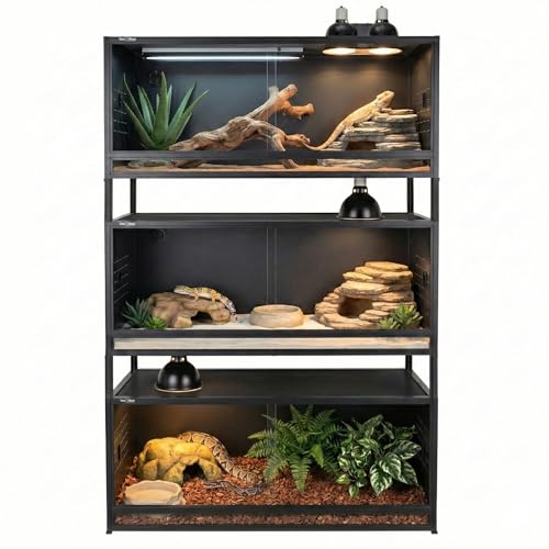 PVC Reptile Enclosure 3 Tier 40x16x16 with Spacers 44 Gallon Reptile Tank Habitat Space Saving Stackable Reptile Terrarium for Bearded Dragon Gecko Snake Lizard Sliding Glass Doors Lock
