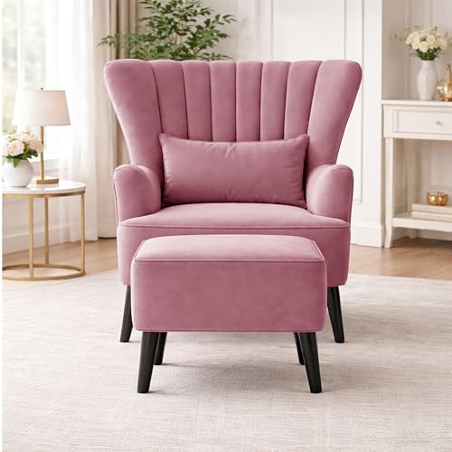 Image of Modern Velvet Wingback Accent Chair with Ottoman & Cushion for Living Room | Premium Upholstered Lounge Chair with Footrest |Rose Pink