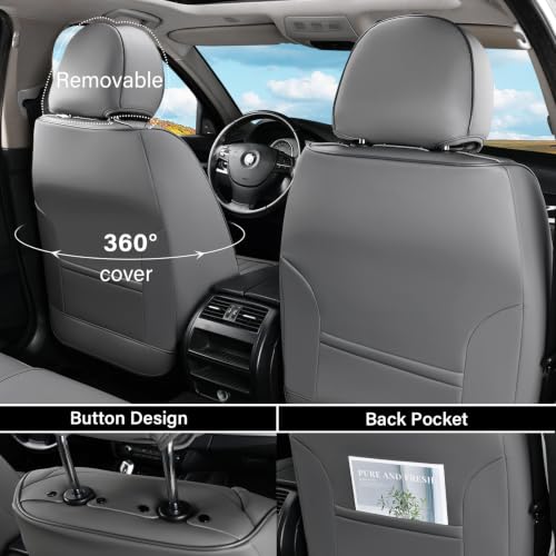 Image of Coverado Car Seat Covers Full Set, 5 Piece Car Seat Protector with Lumbar Support & Removable Headrest, Breathable Leather Front Rear Seat Cushion Universal Fit for Truck Automotive Gray