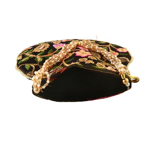 Image of Handcrafted Potli Purse with Golden Floral Embroidery and Pearl Accents