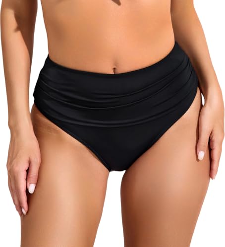 Image of COCOPEAR Full Coverage Bikini Bottoms for Women Mid Rise Bathing Suit Bottoms for Women Ruched Tummy Control Swim Bottoms