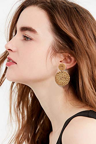 Rattan Earrings For Women Girls Handmade Lightweight Wicker Straw Stud Earrings Statement Weaving Braid Drop Dangle Earring (Dark Rattan Disk) #TOP1