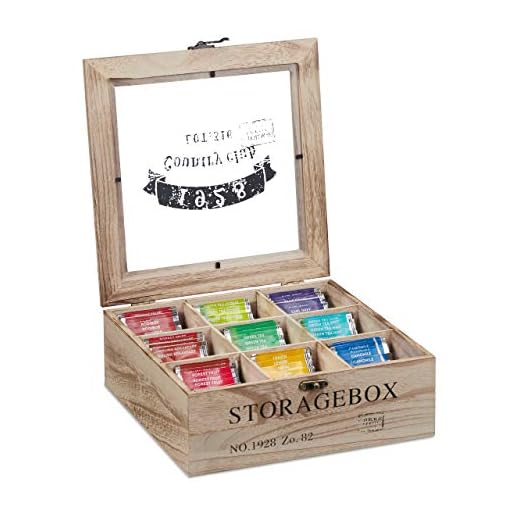 Relaxdays Caja Té, 9 Compartimentos, Madera, Cajita con Ventana, Bolsas Infusiones, Cápsulas, 9 x 24 x 25 cm, Natural, 70% 20% plástico 10% Hierro