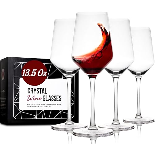 Gusto Nostro Crystal Wine Glasses Set of 4, 13.5 Oz Long Stem Modern Wine Glasses for White and Red Wine, Dishwasher Safe, Fancy, Elegant, Large and Tall Wine Glass for Wedding Christmas Anniversary