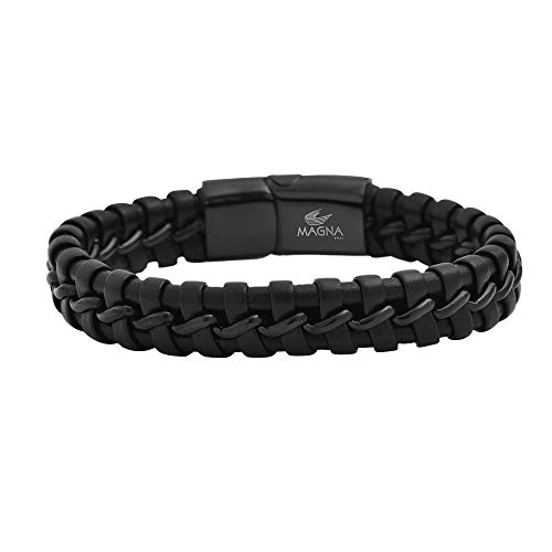 Magna Steel Men's Braided Genuine Leather Wristband Cuff Bracelet with Magnetic Closure, Black