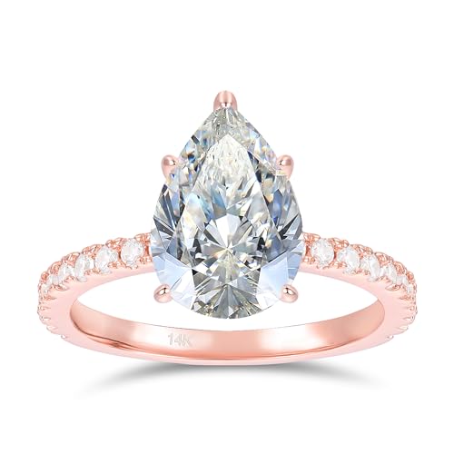 14K Gold Engagement Ring, 3 Carat Pear Cut Moissanite Rings, 14K Yellow Gold Moissanite Engagement Ring for Women