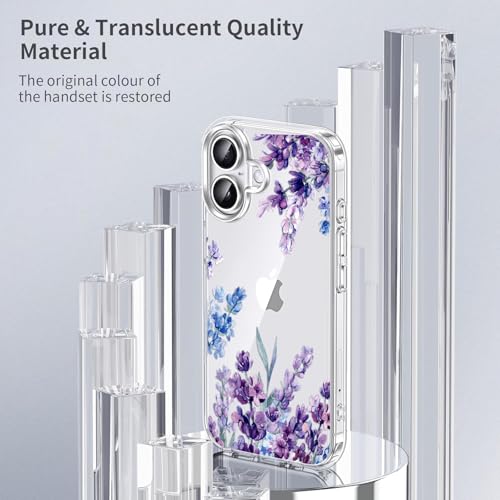 Image of Elzzi Floral Case for iPhone 17, Lavender Flower Clear Phone Case for Women Girls, Cute Aesthetic Purple Botanical Transparent Shockproof Protective Slim Cover (Deep with Leaf)