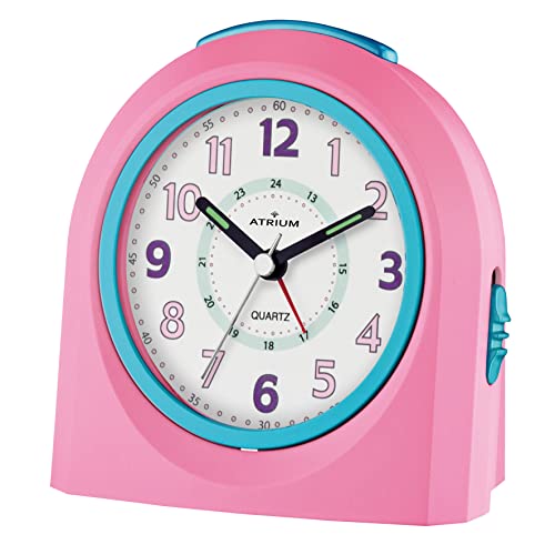 Atrium Kinderwecker Jugendwecker Analog Quarz mit Licht, Snooze & schleichende Sekunde - leise ohne Ticken - Lernwecker für Mädchen - Geschenk Schule & Geburtstag Rosa Pink Hellblau Türkis A921-17