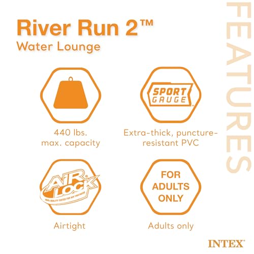 Intex 58837EP River Run 2 Inflatable Floating Lounge Comfortable Backrests Built-in Cup Holders Cooler with Lid 2 Person 440lb Weight Capacity.