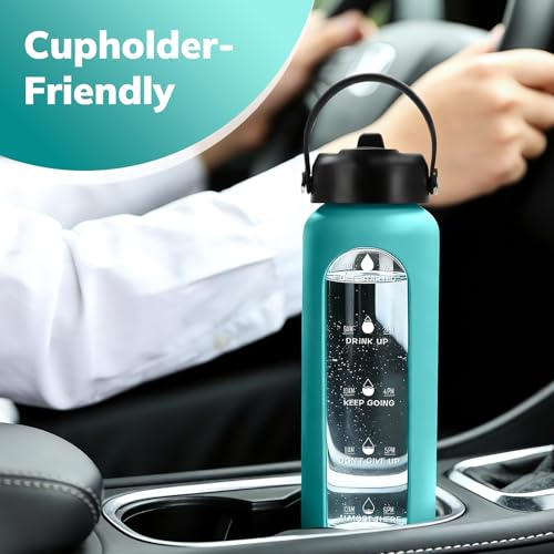 Image of Aqulea 32 oz Glass Water Bottle with 2 Lids - Spout & Straw Lids, 1L Motivational Borosilicate Glass Water Bottle with Time Marker & Silicone Sleeve, Leakproof (Aqua)