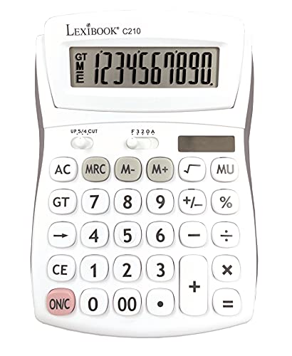 Lexibook- Calculatrice de Bureau 10 Chiffres avec Écran Inclinable-Fonction Basiques, mémoire et Arrondi-Larges Touches pour Travail, Scolaire, Maison-Solaire & Piles-Blanche/Grise, C210, Blanc
