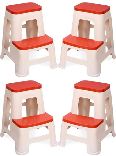 Image of SKYGLAMOUR 2-Step Plastic Heavy Duty Multi-Purpose Plastic Step Stool for Kitchen | Office&Home Use with Weight Bearing Capacity of 120 Kg |2 Step Stool for Home| Color: Red; Pack of 4
