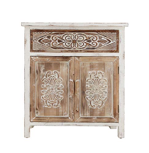 Rustic Wood Cabinet, Accent Decorative Cabinet 2-Door 1-Drawer Distressed Console Cabinet Boho Carved Floral for Entryway, Living Room, Bedroom 27.56  (L) x 13.78  (W) x 30.71 (H) (Antique White)