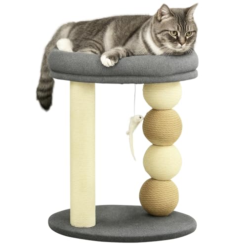 PawHut Árbol Rascador para Gatos Pequeño Torre para Gatos Centro de Actividades para Gatitos con Nido 4 Bolas y Poste de Sisal Carga 15 kg Ø40x48 cm Gris y Beige