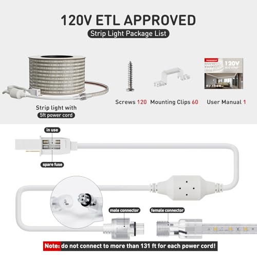 Image of Shine Decor LED Strip Light Easy Connectable, 2800K Warm White Cold Resist Weatherproof Plug-in for Indoor Outdoor, 101 LM /FT Dimmable Bright Eco Rope Lighting 98FT, 120V Whole Set ETL Listed