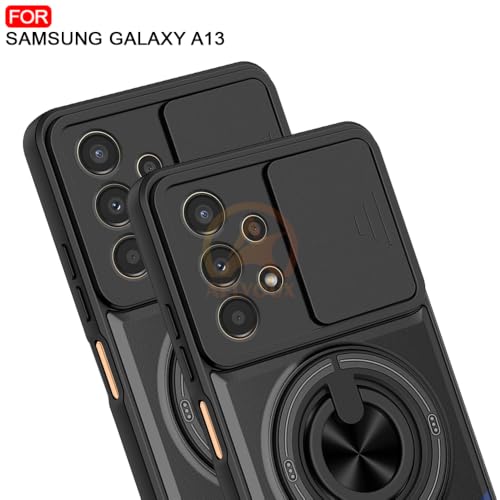 Image of Samsung A13 Back Cover | Armor Camera Slider 360 Degree Rotating Finger Ring Holder Case with Bracket Stand Back Case Cover (Compatible with MagSafe Accessories) (Black)
