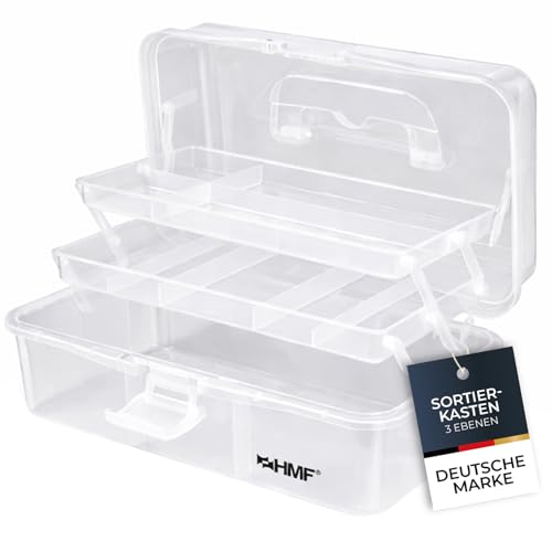 HMF Nähkasten aufklappbar mit 3 Ebenen, Sortierbox für Kleinteile | 36,5 x 20,5 x 16 cm | Transparent