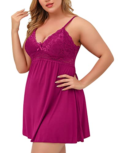 Ababoon Plus Size Lingerie For Women Lace Modal Chemises Nightgown V-Neck Full Slip Babydoll Sleepwear Size S-4Xl (Rose Red,Xxxx-Large) #TOP4