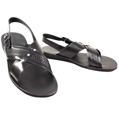 Good Man Men's Black Leather Slingback Sandals, Criss-Cross Design, Comfort Flat Sole, Silver Buckle Closure, Summer Casual3