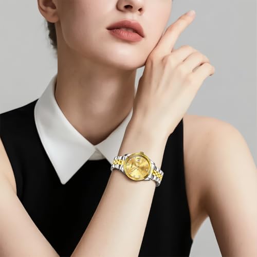 OLEVS レディースウォッチ ラグジュアリー エレガント ステンレススチール 防水 夜光ダイヤモンド レディースファッションウォッチ 小さな手首用, 3705-ツートンゴールド。, レディース腕時計。