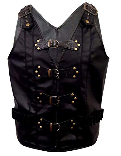 AREENO Mens Black Real Leather, PU Faux Leather Heavy Duty Steampunk Gothic Style Vest Waistcoat2