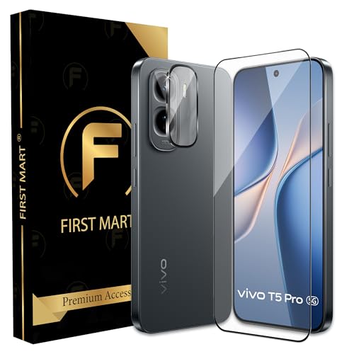 Image of FIRST MART Tempered Glass for Vivo T5 Pro 5G with Black Camera Ring Guard & Installation Kit | HD Clear Edge-to-Edge Screen Protector, Scratch Resistant, Case-Friendly | Pack of 1