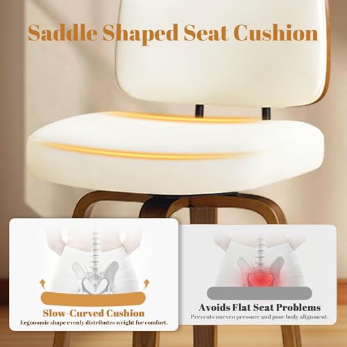 Image of Counter Height Bar Stools Set of 2, 26+inch Swivel Faux Leather Barstool with Back, Upholstered Mid-Century Modern Bar Chairs with Bent Wood Legs for Kitchen Counter, Dining Room, Cream White