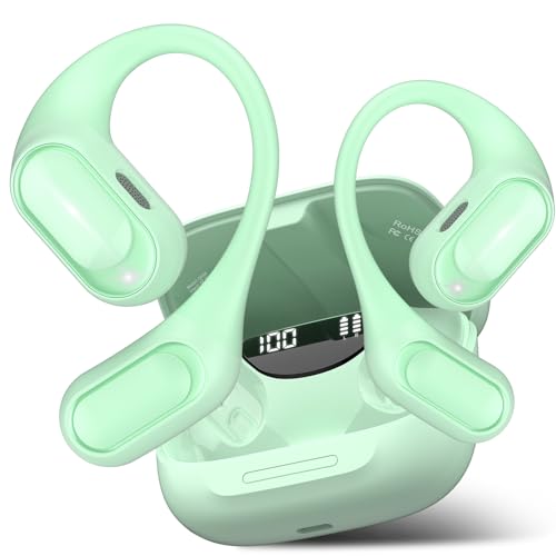 Image of Open Ear Headphones, Bluetooth 5.4 Headphones Sports, Premium Sound with HD Mic Wireless Earbuds, 48H Playtime LED Power Display Ear Buds, IPX7 Lightweight Comfort Earphones for Running Working, Green