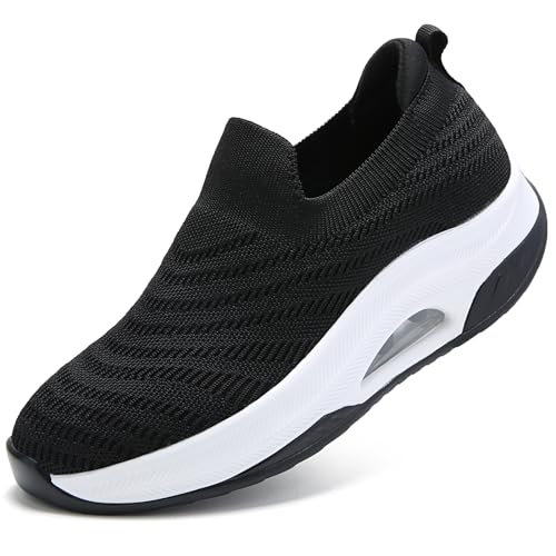 Myztra Zapatillas deportivas para mujer, con soporte de arco y espuma viscoelástica, cómodas, para fascitis plantar, negro y blanco, 37 EU