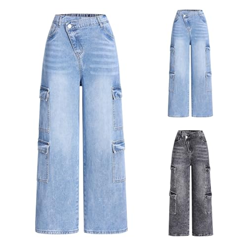Tween Girls Cargo Jeans Elastic Waistband Wide Leg Y2K Pants with Multiple Pockets Baggy Denim Pants for Teens Girls