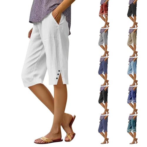 Linen Capri Pants for Women Bermuda Shorts High Waisted Wide Leg Cropped Pants Casual Palazzo Pant with Pockets