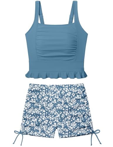 Image of Girls Swimsuit Two Piece Bathing Suit Ruffle Trim Swimsuits for Girls Tankini with Drawstring Shorts Swimwear 9-18Y