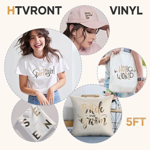 Image of HTVRONT Gold Chrome Heat Transfer Vinyl - 12 inch X5ft Mirror Metallic Gold HTV | Mirror Metallic Gold Iron on Vinyl, Metallic Foil HTV Vinyl Roll for T-Shirts, Chrome HTV Easy to Cut & Weed