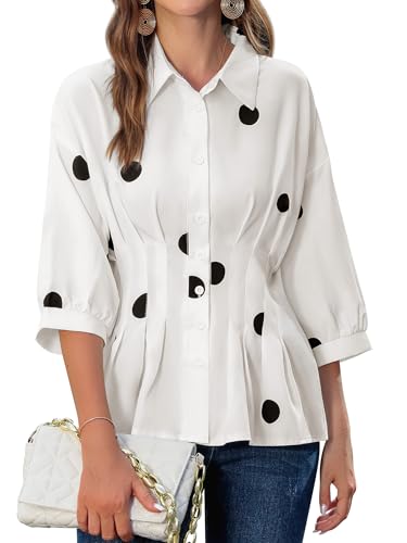 Women Pleated Peplum Blouse 3/4 Sleeve Button Down Cinched Waist Shirt Fitted Flattering Office Daytime Top