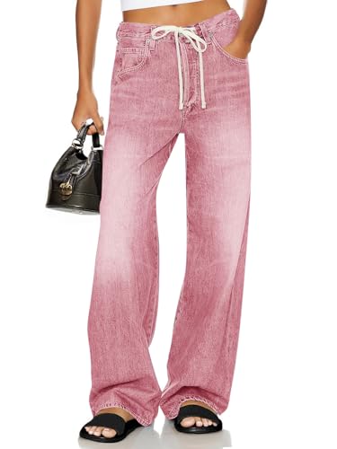 Jean large avec cordon de serrage femme taille haute coupe ample coupe droite
