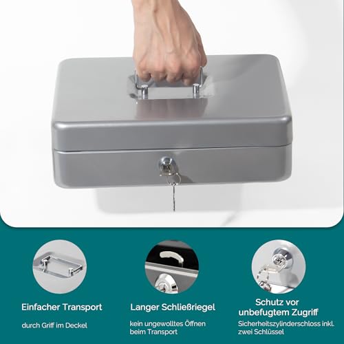 GREELUE Geldkassette mit münzzählbrett, Kasse Abschließbar, Cash Box Groß, Spardose, Geld organizer (Silber-30cm)