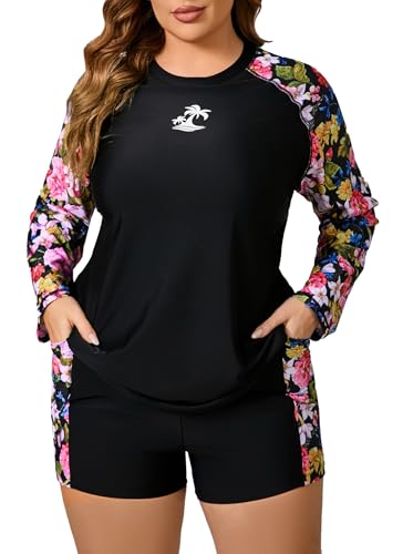 Women Plus Size Two Piece Long Sleeve Rash Guard Sets Built in Bra Swim Shirt Top and Shorts with Pockets UPF50+
