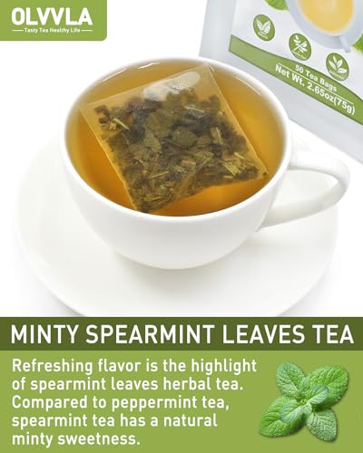 Image of Olvvla - Spearmint Tea Bags - 1.5g X 50 Count - 100% Pure Natural Spearmint Leaves Herbal Tea - Non-GMO - Caffeine-free - Rich in Antioxidants & Promote Relaxation