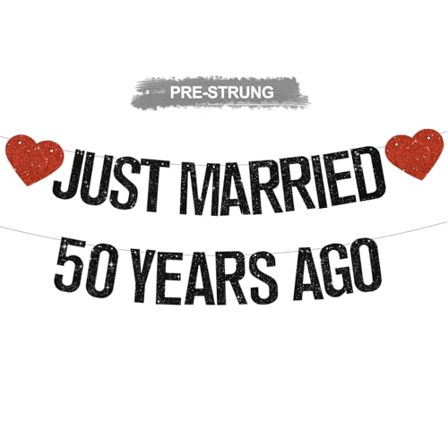 RICHHHA Black Glitter Just Married 50 Years Ago Banner NO DIY Pre-Strung 50th Wedding Anniversary Party Decorations 50 Years Blessed & Loved Garland Sign We Still Do 50th Party Supplies
