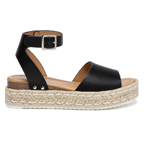 Athlefit Women's Espadrille Platform Sandals Summer Casual Open Toe Ankle Strap Low Wedge Sandals, Black Size 7, AD00952 - Image 2