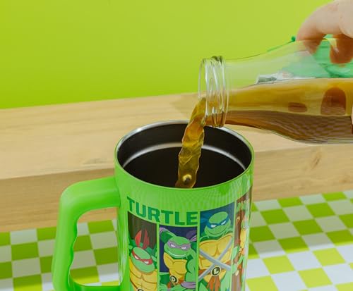 Image of Silver Buffalo Teenage Mutant Ninja Turtles Turtle Power Stainless Steel Tumbler with Handle Featuring Leonardo, Donatello, Raphael, and Michelangelo, Fits in Standard Cup Holder, 40 Ounces