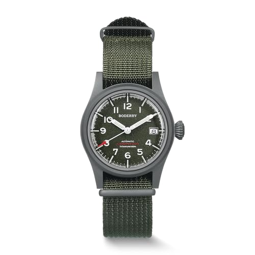 BODERRY Men's Watch Titanium Automatic Field Watch 38mm Military Watch Day Date Function 100M Waterproof with Nylon Strap Japanese NH35 Mechanical Movement & Screw Down Crown—LANDMASTER