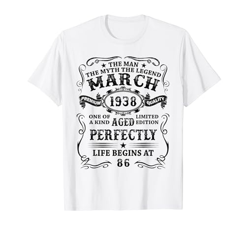 Hecho En 1938 Regalos 86 Años Cumpleaños Hombre Marzo 1938 Camiseta